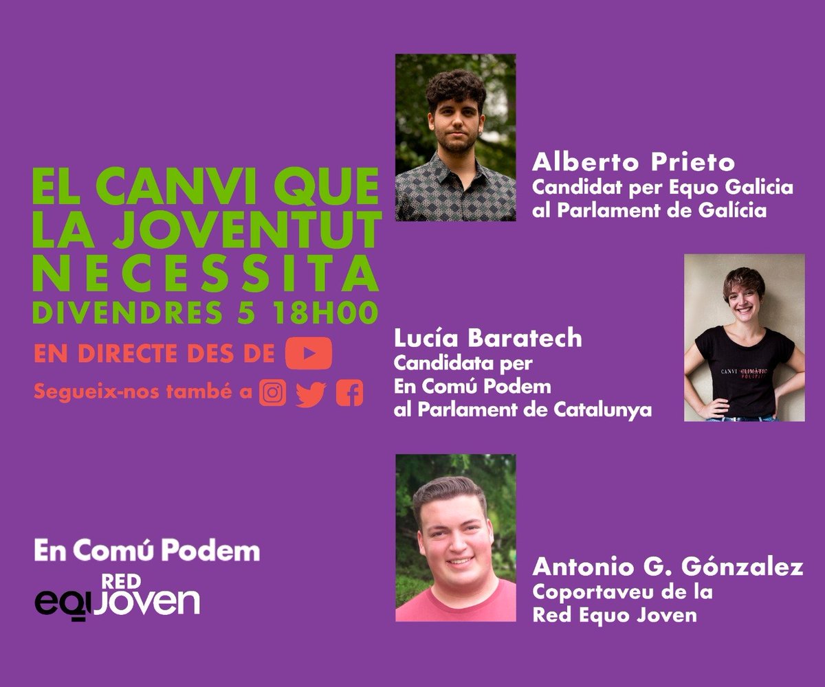 Demà a les 18:00 estarem parlant sobre el canvi que necessita la joventut de Catalunya🧑‍🤝‍🧑 en les següents eleccions en el nostre canal de Youtube amb el <a href="/PrietoArranz/">Alberto Prieto 🌻🌍</a>, l'@antgargon96 i la <a href="/lubaratech/">Lucía Baratech</a>. No us ho perdeu! 

Enllaç al canal👉: youtube.com/channel/UCo0cR…