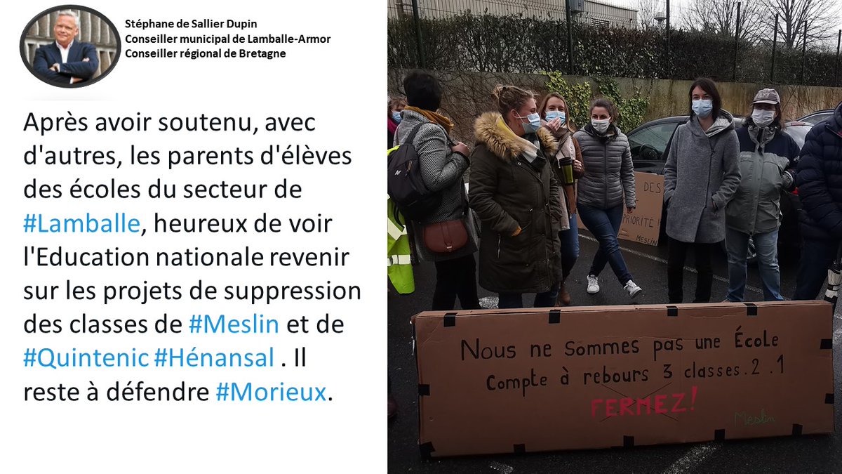 sdesallier's tweet photo. Après avoir soutenu, avec d'autres, les parents d'élèves des écoles du secteur de #LamballeArmor, heureux de voir l'Education nationale revenir sur les projets de suppression des classes de #Meslin et de #Quintenic #Hénansal . Il reste à défendre #Morieux. https://t.co/9oXxWxzn3L