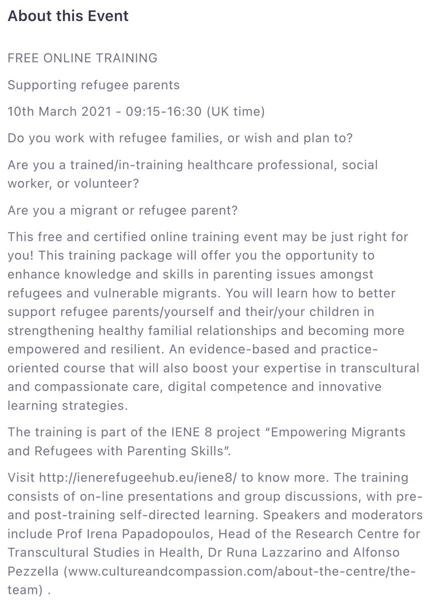 📣 FREE ONLINE TRAINING EVENT: “Supporting refugee parents” facilitated by Prof @irena_pap Dr @runalazzarino & @AlfPezzella. @MiddlesexUni @MDX_MHandSW @MDX_PSSFaculty @ETNAtranNursing @RCTSHmdx #IENE8 #CulturalCompetence 

Sign up now!  

🔗 tinyurl.com/v999mcnz