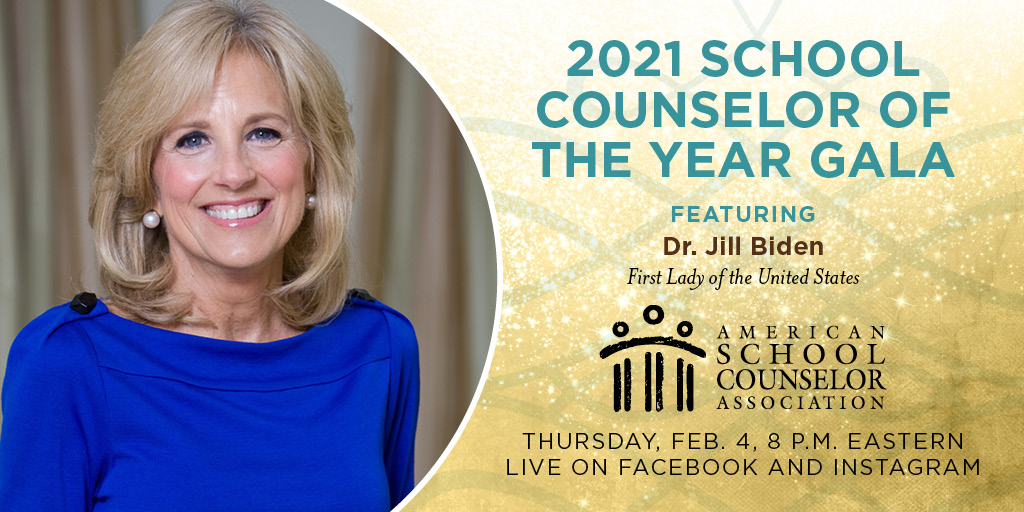 We’re thrilled to announce Dr. Jill Biden will be taking part in tonight’s #SCOY21 festivities. Join us at 8 p.m. EST on Facebook Live, Instagram or ASCA On Air. @FLOTUS @ReachHigher @CounselorCarter ow.ly/9gqF50DrxMD