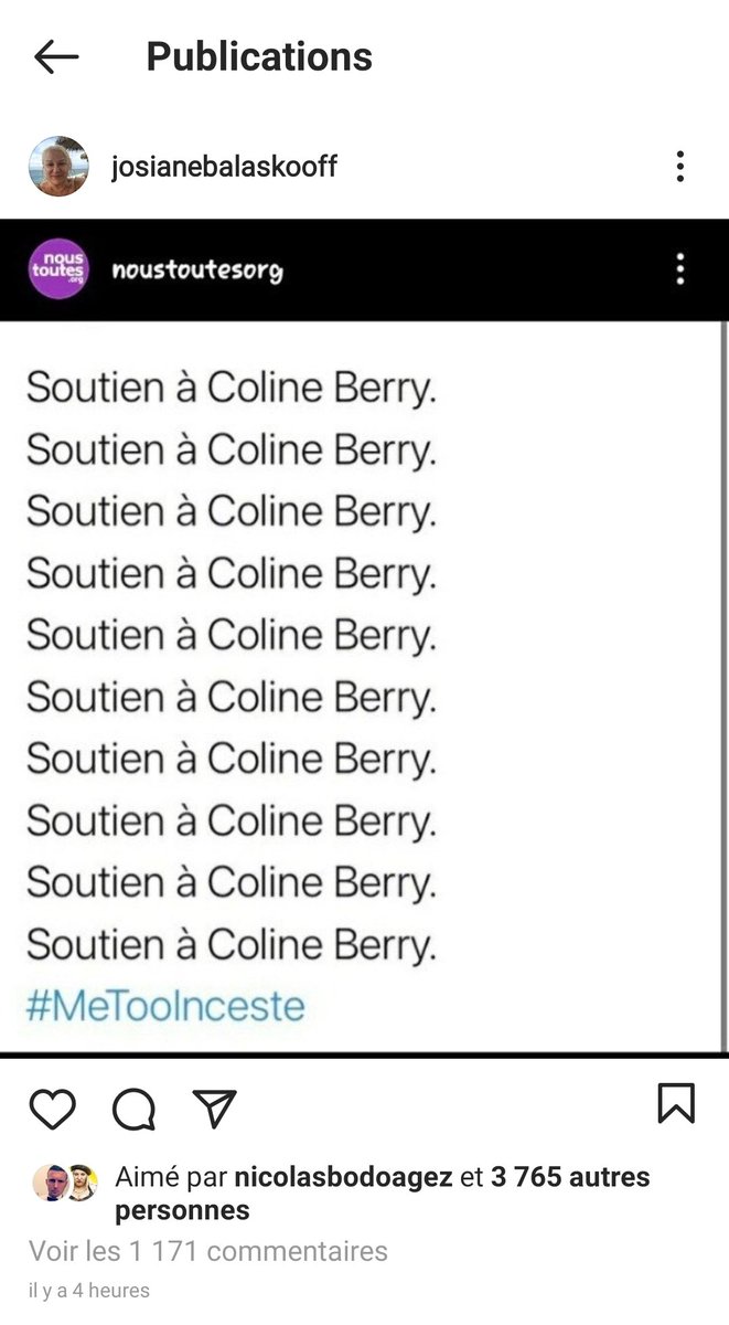 Le message de Josiane Balasko est troublant ou du moins ambiguë. En soutenant #colineberry , soit elle savait et c'est grave de n'avoir rien dit soit elle peut accuser à tort #RichardBerry d'inceste en affichant le soutien à sa fille 🤔🤔🤔