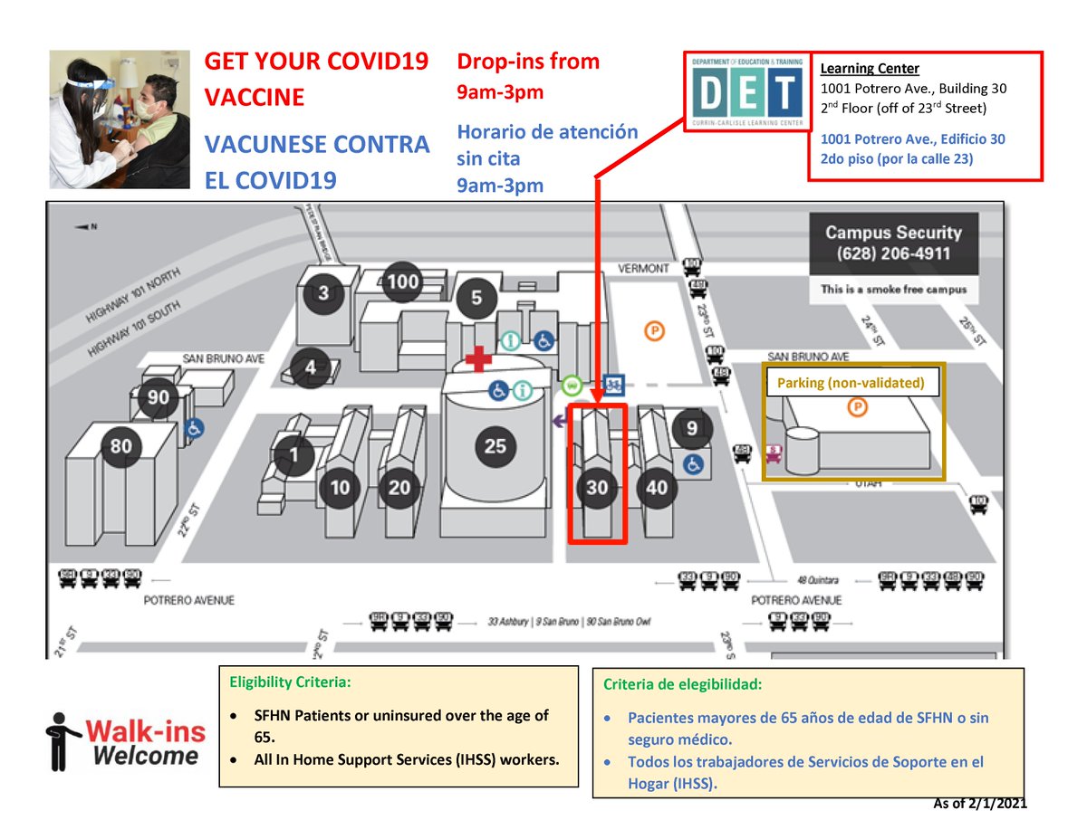 SF_DPH's tweet image. JUST ANNOUNCED: drop-in vax site for ages 65+ must live in 94110, 94112, or 94107, and have Medi-Cal, Healthy San Francisco, or be uninsured. Zuckerberg San Francisco General’s Learning Center Bldg 30 at 1001 Potrero Ave. 9am to 3pm daily. Bring proof of age/residence/insurance.