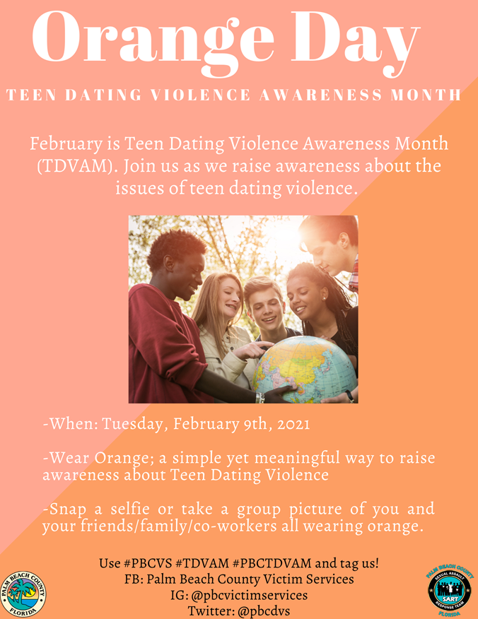 PBCYSD's tweet photo. As part of Teen Dating Violence Awareness Month, @PBCDVS is encouraging #PBC to wear ORANGE to raise awareness & show support towards ending Teen Dating Violence.
To join the movement wear ORANGE on Feb. 9, & share a selfie or group picture using the hashtags: #PBCVS #TDVAM 🧡 https://t.co/34TKB2BJX2