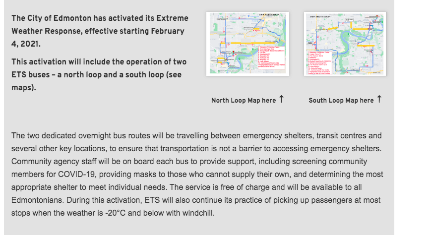 NEW: <a href="/CityofEdmonton/">City of Edmonton</a> activating its extreme cold weather protocol in response to the cold snap ahead. For now, this means two dedicated <a href="/takeETSalert/">Edmonton Transit Service (ETS)</a> bus routes will be running overnight to support those who need access to one of the emergency shelters. #yeg <a href="/edmontonjournal/">Edmonton Journal</a>