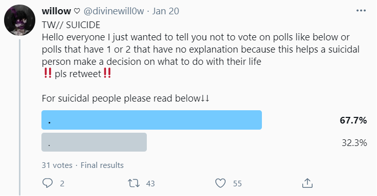 if you're unaware, here's a thread on what suicide polls are and what they do. they allow a user to bypass twitter’s rules about self-harm posting. voting on these polls, intentional or not, helps a suicidal twitter user decide how to hurt themselves. https://twitter.com/divinewill0w/status/1351853224219738113?s=20
