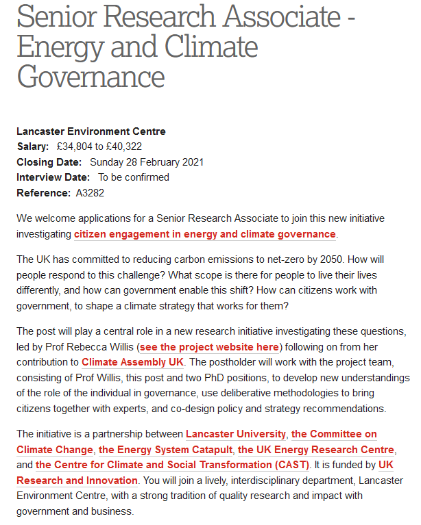 Classic green blob job... At the nexus of activism, academia and quangos.Notice how 'citizens' are conceived of here. They can be 'engaged' with as objects of study, to elicit their obedience but not free to express their views on policy.  https://hr-jobs.lancs.ac.uk/Vacancy.aspx?ref=A3282