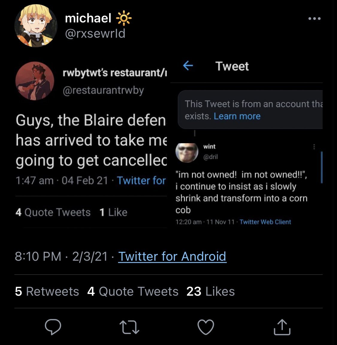 blaire's followers began to harass this user on 2/3/2021. although the user tweeted tweets in fun at first, the harassment became too much for them.