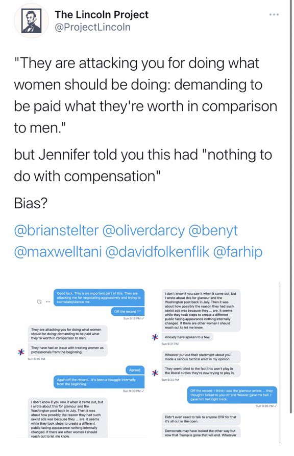 1. Lincoln Project tweeted out a thread that appeared to contain screenshots from their former partner  @NHJennifer's accountUnclear how they got access to themThese exchanges were with journalist  @AmandaBeckerThey have deleted the thread but here are screenshots(Cont)