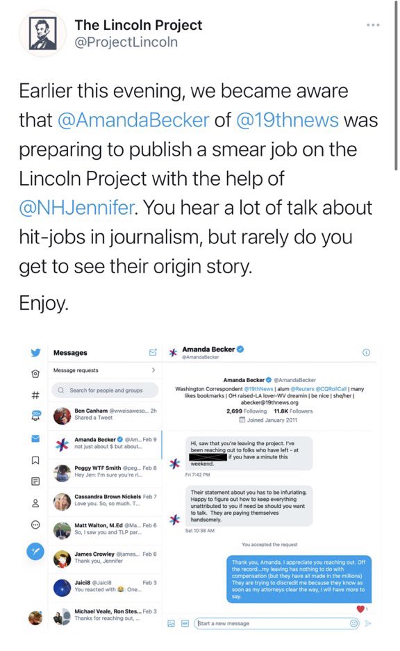 1. Lincoln Project tweeted out a thread that appeared to contain screenshots from their former partner  @NHJennifer's accountUnclear how they got access to themThese exchanges were with journalist  @AmandaBeckerThey have deleted the thread but here are screenshots(Cont)