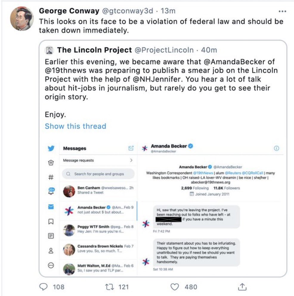 4. The Lincoln Project started deleting their thread when  @gtconway3d said that it appeared to be a violation of federal law. (accessing someone else's DMs without permission)