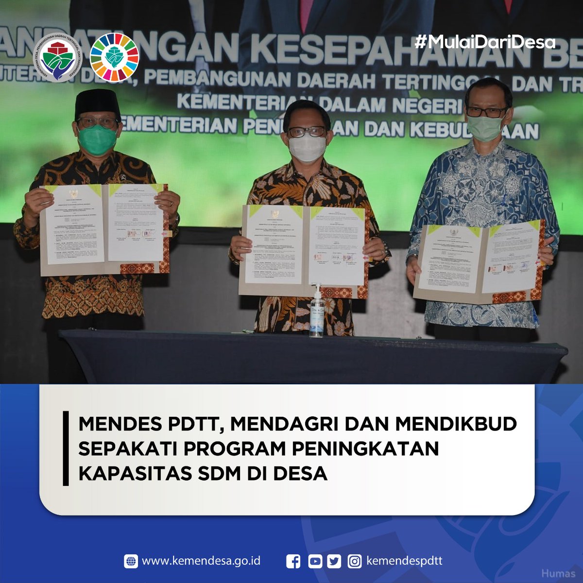 Mendes PDTT Abdul Halim Iskandar <a href="/halimiskandarnu/">ABDUL HALIM ISKANDAR</a>, Menteri Dalam Negeri Tito Karnavian <a href="/kemendagri/">Kementerian Dalam Negeri</a>, Dirjen Pendidikan Tinggi Kemendikbud Nizam <a href="/Kemdikbud_RI/">kemdikbud go id</a> menandatangani Nota Kesepahaman Bersama di Jakarta, Rabu (10/2).

#MulaiDariDesa
#DesaBisa
#KemendesPDTT