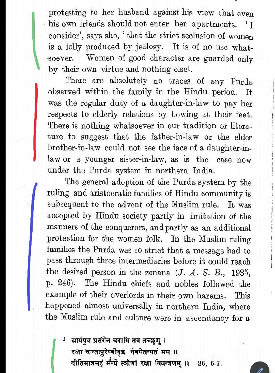 Even until the end of 11th century AD we find hardly any trace of Purdah in Hindu society. Some jealous husbads did attempt to keep their wives secluded but they were rubuked. Ratnaprabha opined that, " the strictest seclusion of women is a folly produced by jealousy.