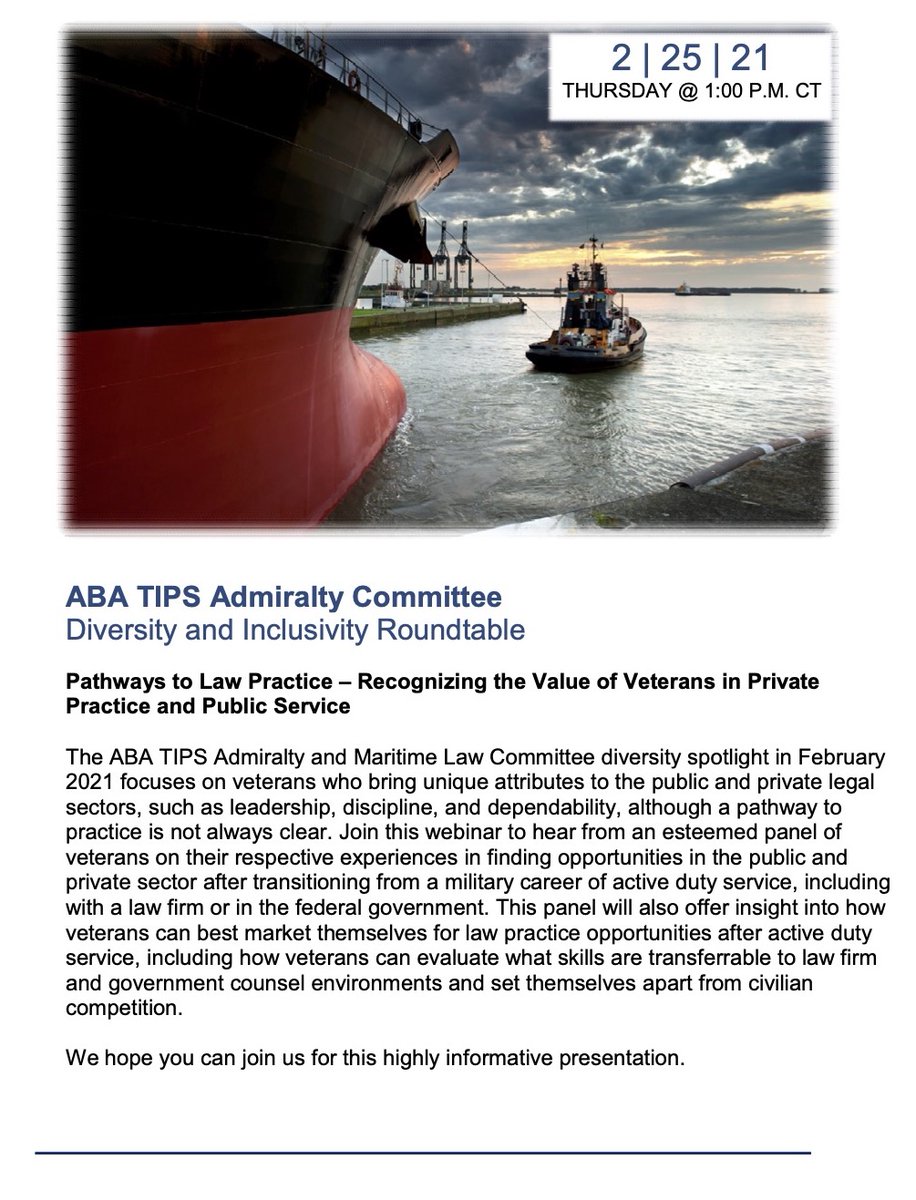 tipsAMLC's tweet image. Join @tipsAMLC for our Diversity &amp;amp; Inclusivity Roundtable: Pathways to Practice - Recognizing the Value of Veterans in Private Practice and Public Service on February 25th at 1pm Central.

Please RSVP to bnapier@joneswalker.com for more information.