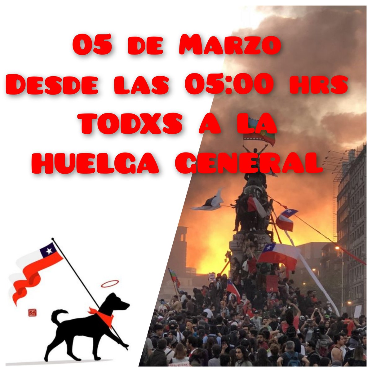 PiensaPrensa's tweet photo. CRECE CONVOCATORIA. 
Huelga Nacional para el día 5 de  Marzo, desde las 05:00.
Se activa el llamado a un gran paro nacional -Autoconvocado- contra el gobierno de Sebastián Piñera y la violencia de Estado.
#AhoraSi
#HuelgaGeneral https://t.co/jqcpZD1V1c