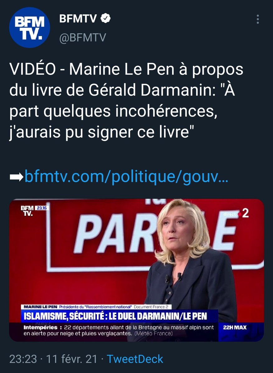 LePen à propos du livre de Darmanin, ministre de l'intérieur de Macron :"J'aurais pu signer ce livre".Ce quinquennat se termine sans plus aucune ambiguïté.  #LREMFN95/ https://twitter.com/BFMTV/status/1359991386410520579?s=19