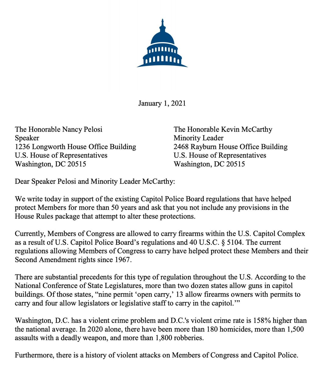 House Republicans wrote the leadership *five days before the attack* asking for the right to carry firearms onto the floor of Congress.One of their examples in support? A 1954 attack *by Puerto Ricans*.  https://static1.squarespace.com/static/5dd46f3c75be4943e7acd50f/t/5fef3e8ba6a0ae63d6bf5c45/1609514649139/Final+1.1.21+Letter+Protect+Members+and+their+Second+Amendment+Rights.pdf