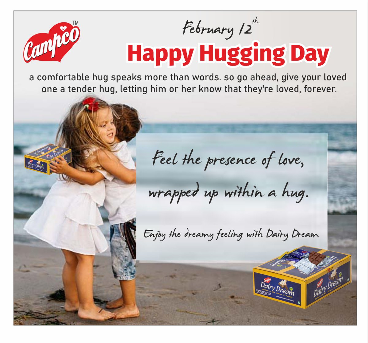 campcochocolate's tweet photo. *Hug Day* celebrated on February 12. A comfortable hug speaks more than words. So go ahead, give your loved one a tender hug, letting him or her know that they're loved, forever. #Campco #CampcoChocolates #Chocolate #DairyDream "Enjoy the dreamy feeling with Dairy Dream" https://t.co/Kak4KBXbVi