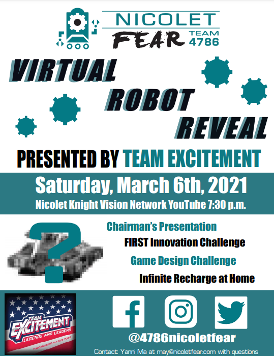 4786nicoletfear's tweet photo. We are so excited for our robot reveal this year! Although it may look a bit different, it is still going to be a blast. Please join us on Saturday, March, 6th at 7:30. We cannot wait to see you there. #NicoletFear #4786 #FRC #Sopumped https://t.co/TJUNOzGxr9
