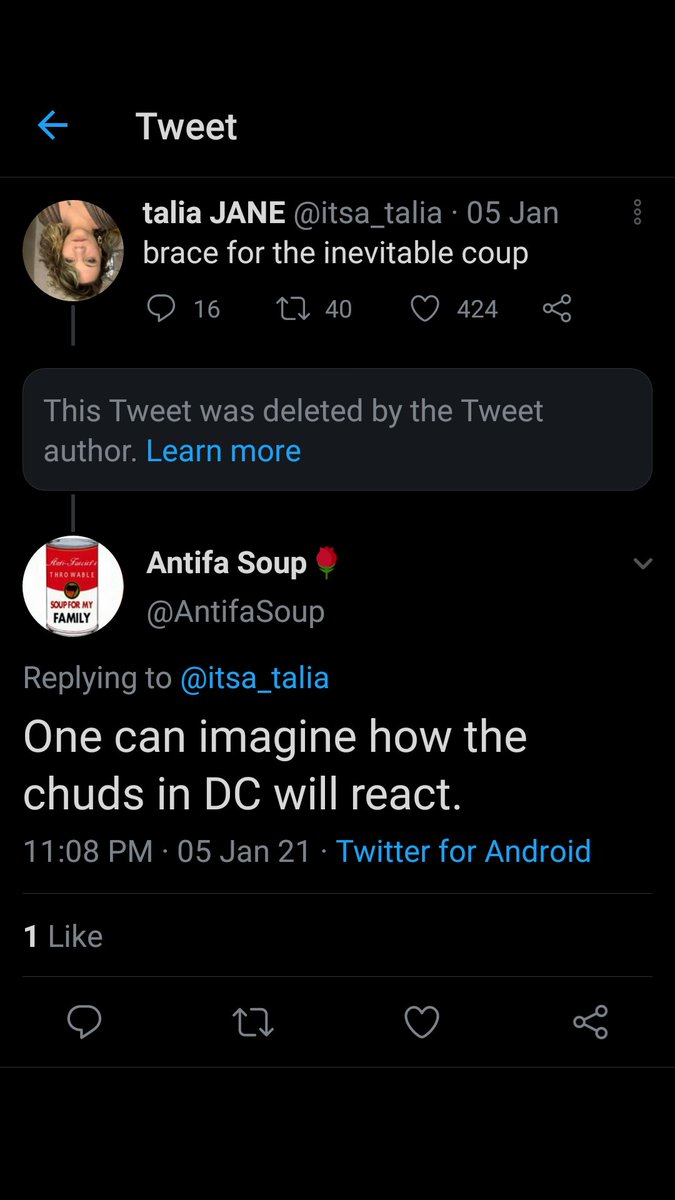25. 1/5 "Brace for the inevitable coup." --- then a deleted tweet. "One can imagine how the chuds in DC will react."