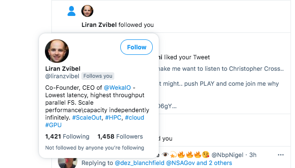 dez_blanchfield's tweet photo. g'day Liran Zvibel @liranzvibel, thx for the follow - great to have you join the conversation ;-) #TeamWeka @weka WekaFS filesystem #FTW !! https://t.co/9wFXMwfdsY