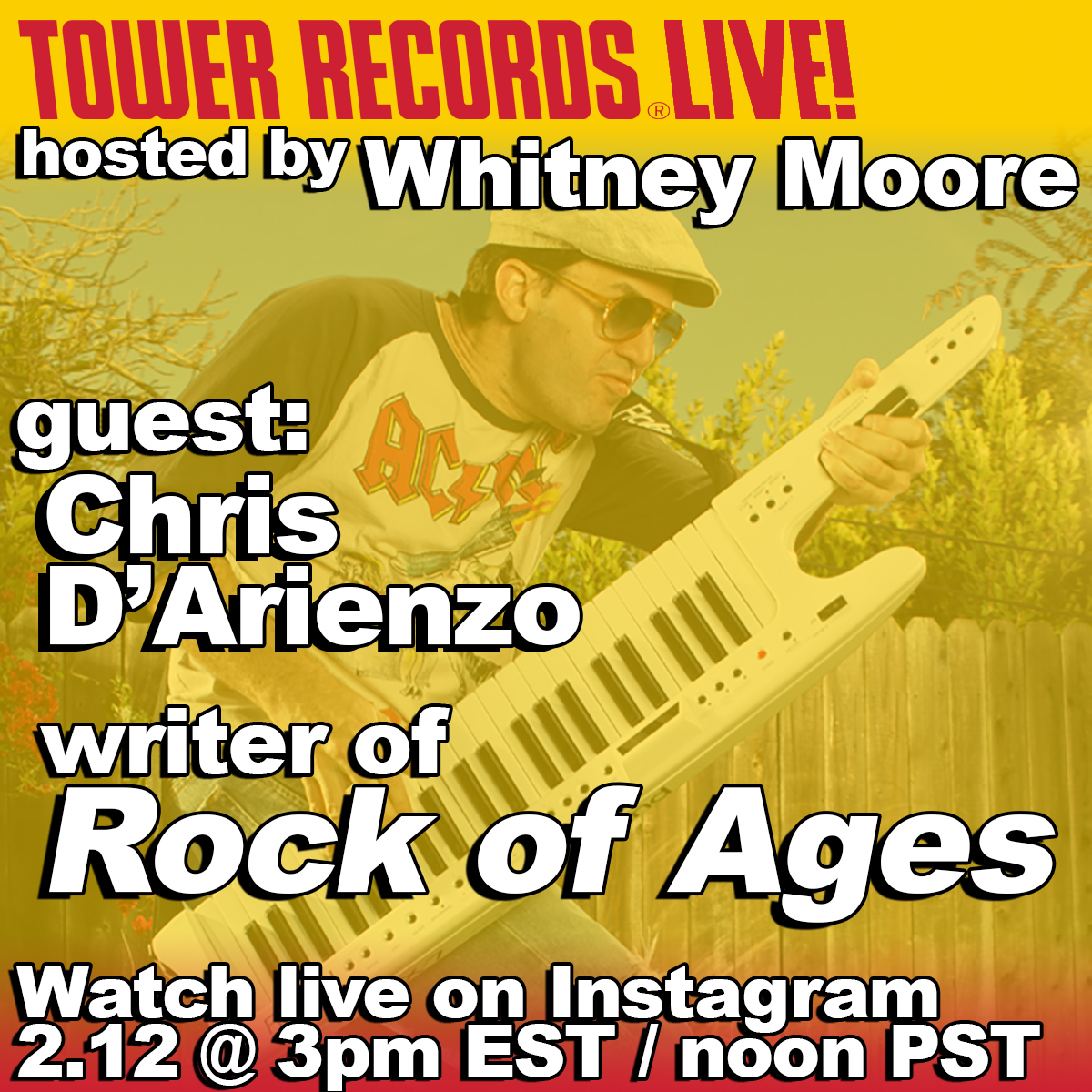 TowerRecords's tweet image. Today on #TowerRecordsLive, chat with guest #ChrisDArienzo, the writer behind #RockOfAges 🤘 Tune in on Instagram: #OfficialTowerRecords, today at 12pm PST / 3pm EST 🟡