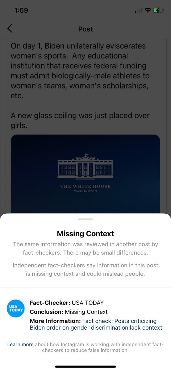 But why was the media suddenly fact-checking my opinions? Today, a reader sent me screenshots of her efforts to post my Tweet. Instagram had slapped a warning on it that it was "missing context" and citing... the USAToday 'fact check.' Here's the thing:/4