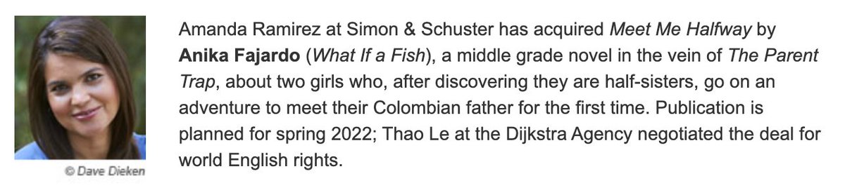 Amanda Ramirez at Simon &amp; Schuster has acquired 'Meet Me Halfway' by Anika Fajardo, a middle grade novel in the vein of 'The Parent Trap', about two girls who, after discovering they are half-sisters, go on an adventure to meet their Colombian father for the first time.
