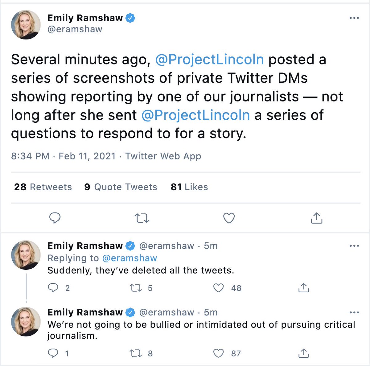 5. Tweets from the CEO of 19th News  @eramshaw re Lincoln Project tweeting out private DMs.