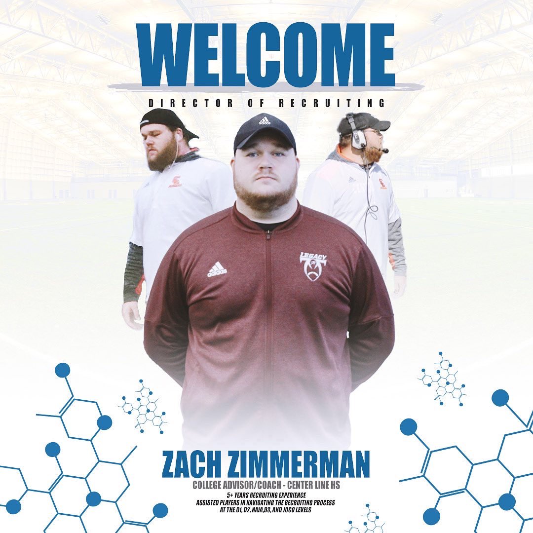 The Legacy Football Organization is excited to announce our new Director of Recruiting Coach Zach Zimmerman <a href="/Coach__Zimm/">Zach Zimmerman</a> ! We are excited about the impact he will have on the student athletes throughout the Legacy Football Family! DM <a href="/Legacy_Recruit/">Legacy Recruiting</a> for more info!#JointheMovement