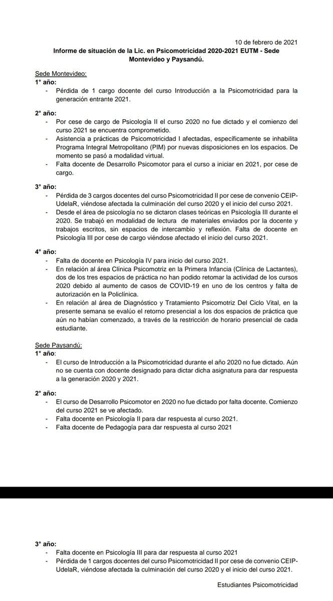 Compartimos el informe realizado por las estudiantes de Psicomotricidad en relación a los cursos de 2020 y el comienzo de los cursos 2021 de Montevideo y Paysandú.

Expresamos nuestra profunda preocupación por la situación actual que está atravesando la licenciatura.