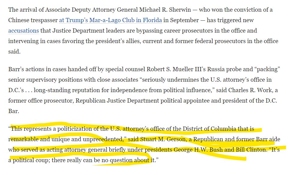 And recall the furor when Sherwin was installed over career attorneys:  https://www.washingtonpost.com/local/legal-issues/barr-installs-top-doj-aide-prosecutor-of-trumps-mar-a-lago-trespasser-over-us-prosecutors-in-washington/2020/05/18/3d2085e4-9471-11ea-82b4-c8db161ff6e5_story.htmlStuart M. Gerson, a Republican former acting attorney general called it, "a political coup; there really can be no question about it.” (3/x)