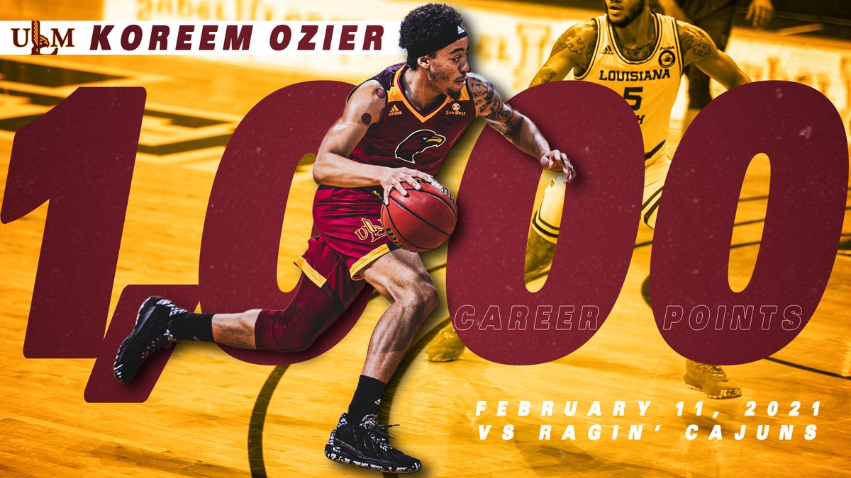 ULM_MBB's tweet image. With his 3-pointer from the top of the circle with 10:08 left in the second half, Koreem Ozier eclipsed the 1,000-point milestone for his career. Ozier scored 756 points in 54 games at Sacred Heart University before transferring to ULM. @koreemo22 #ULMvsCajuns
