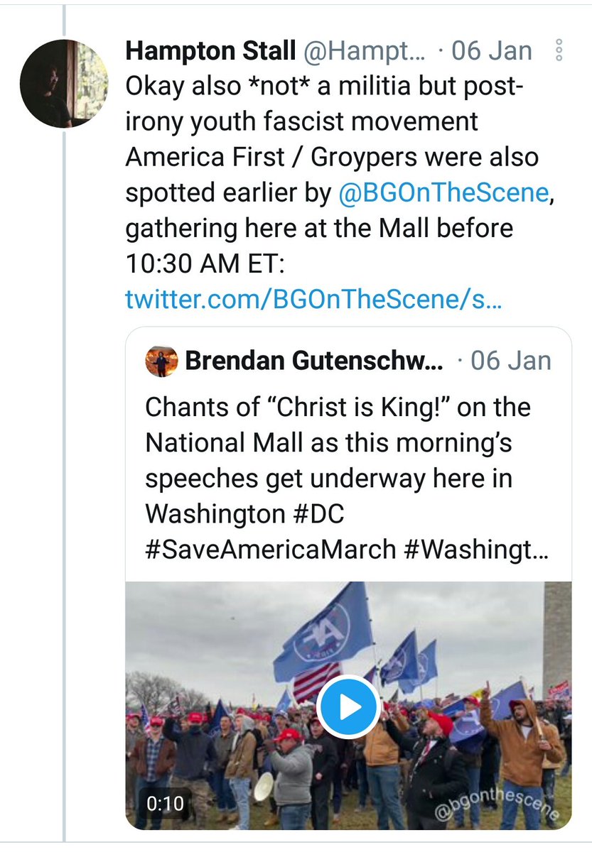 34. 1/6 This guy was compiling the "militia" groups into one thread. Obviously, documenting w time stamps on almost all 9f his posts. He was off on his time by an hour on all of his posts. He reports 10:30 amET, but photo is 9:23am. "Christ is King" militia 