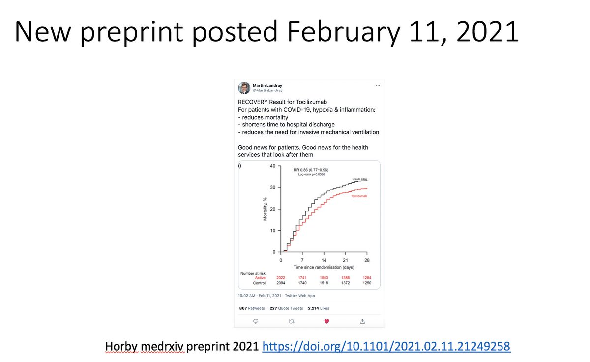 11/ And then this morning there was an exciting new tweet from the RECOVERY investigators about the results for their study for tocilizumab https://www.medrxiv.org/content/10.1101/2021.02.11.21249258v1