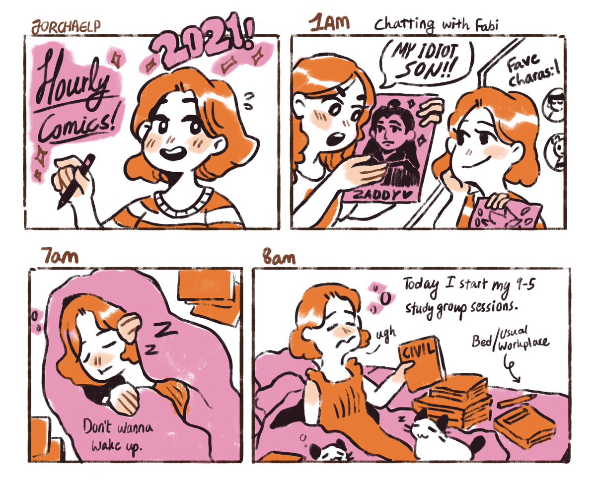 JorchaelP's tweet photo. I'm late but have my attempt at #hourlycomicday2021 ,
I had a relatively chill but tense day and its been mostly like this until exam season is over ; w ; 
(featuring @fabilenio lmao) #hourlycomicsday https://t.co/Fea9PszWM1
