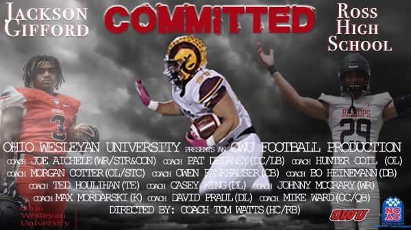 JacksonGifford2's tweet image. Excited to announce that I will be continuing my academic and athletic career at Ohio Wesleyan University!  I would like to thank all my friends, family, coaches, and teammates that helped me get this opportunity. #rollshops @CoachTomWatts @OWUCoachDelaney @OWUFB @WinTheDay_RRFB