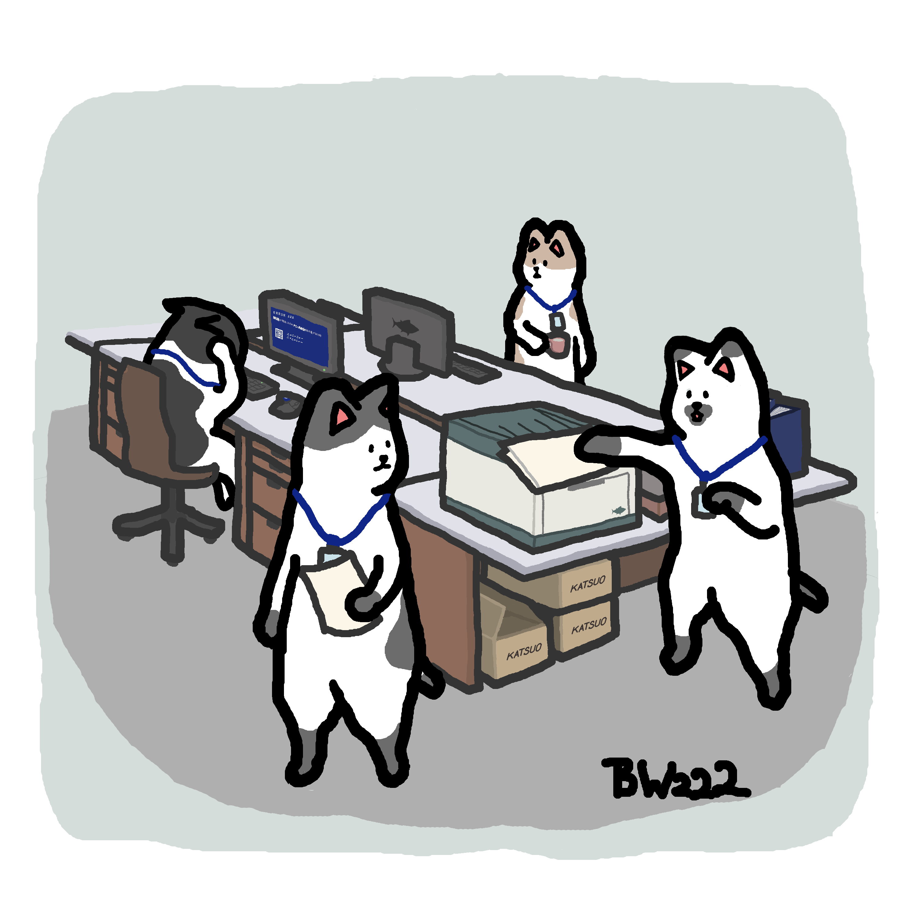 くろもり 会社にいるネコさんたちを描きました オフィス 会社 仕事中 立ち話 Pc プリンタ ブルースクリーン データ消失 冬の創作クラスタフォロー祭り イラスト ゆるいイラスト イラスト好きさんと繋がりたい 創作 猫 イラスト練習中