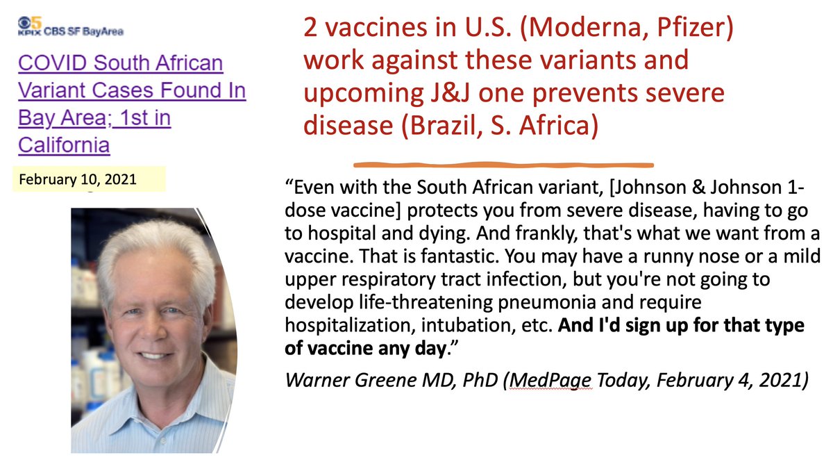 16/ How worried to be about variants & vaccine-resistance? A little, but, per Monica, not too much. On L, quote from  @UCSF virologist Warner Greene on fact that J&J appears to prevent severe disease, even w/ So. African variant. On R, summary of why she’s not terribly concerned.