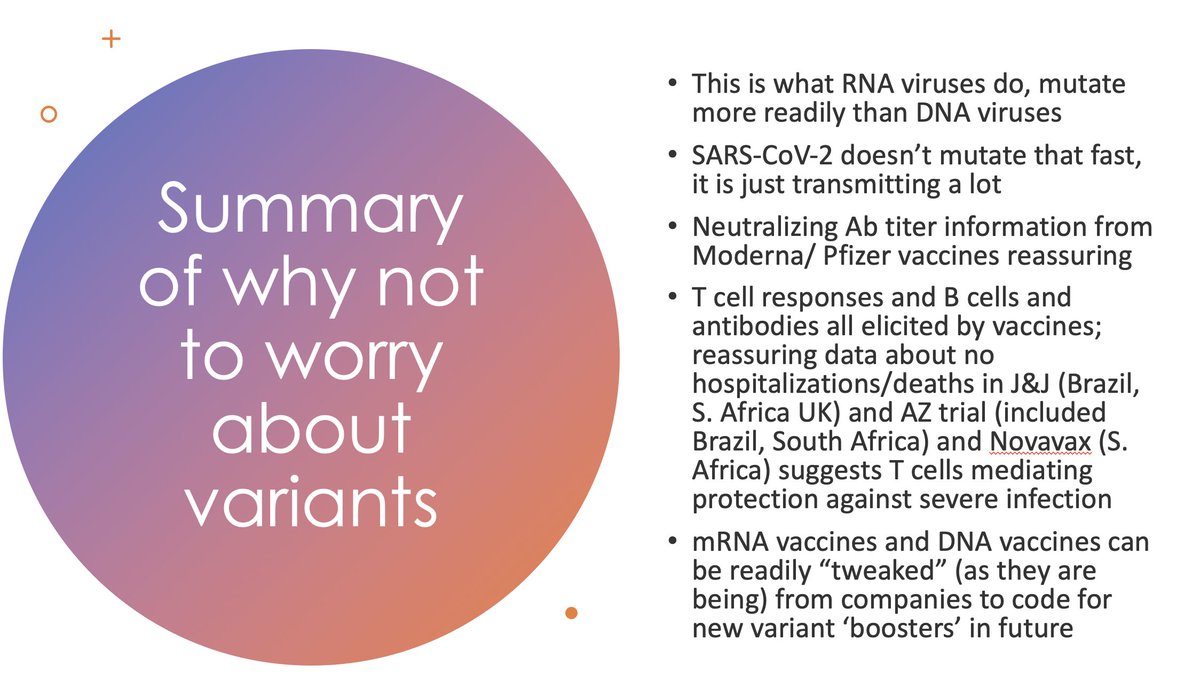 16/ How worried to be about variants & vaccine-resistance? A little, but, per Monica, not too much. On L, quote from  @UCSF virologist Warner Greene on fact that J&J appears to prevent severe disease, even w/ So. African variant. On R, summary of why she’s not terribly concerned.