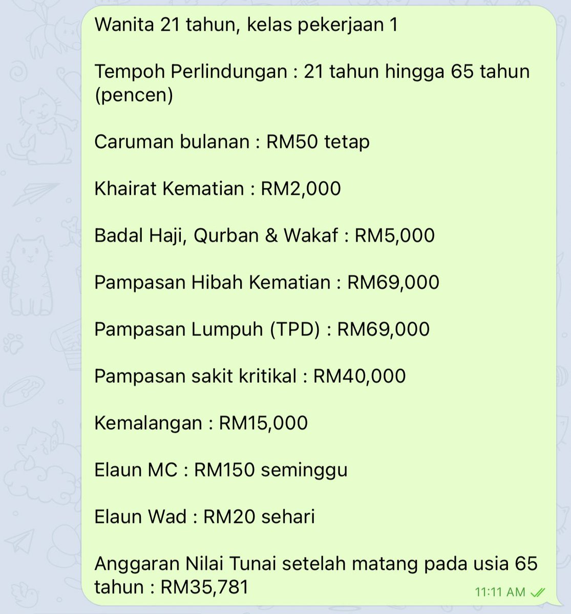 Ni adalah contoh pelan Income Protection yang murah tapi cover Penggantian Gaji akibat MC berpanjangan disebabkan kemalangan dan dimasukkan ke dalam wad. Coverage tak tinggi sangat tapi jika ada apa-apa berlaku, insyaallah semua boleh claim.