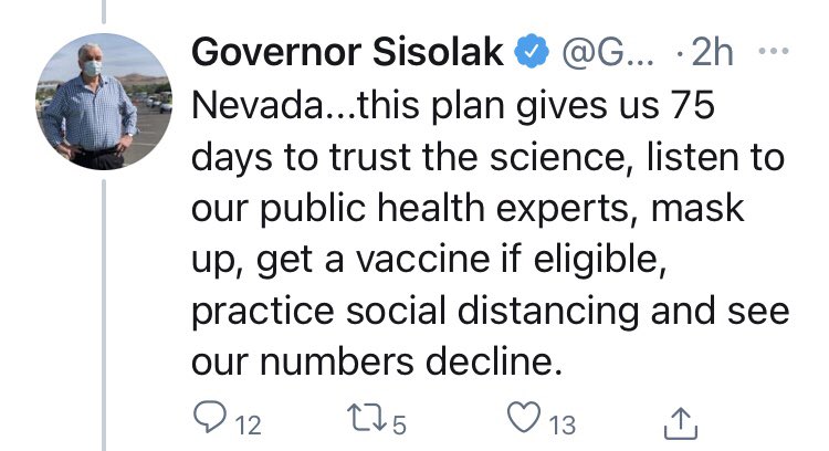tracyvegas's tweet photo. 75 more days to trust the science, that doesn’t exist. Please sign the #RecallSisolak petitions. He signed a mask mandate for you and contracted Covid because he doesn’t have to follow his own mandate. https://t.co/cRYnb4o6tR