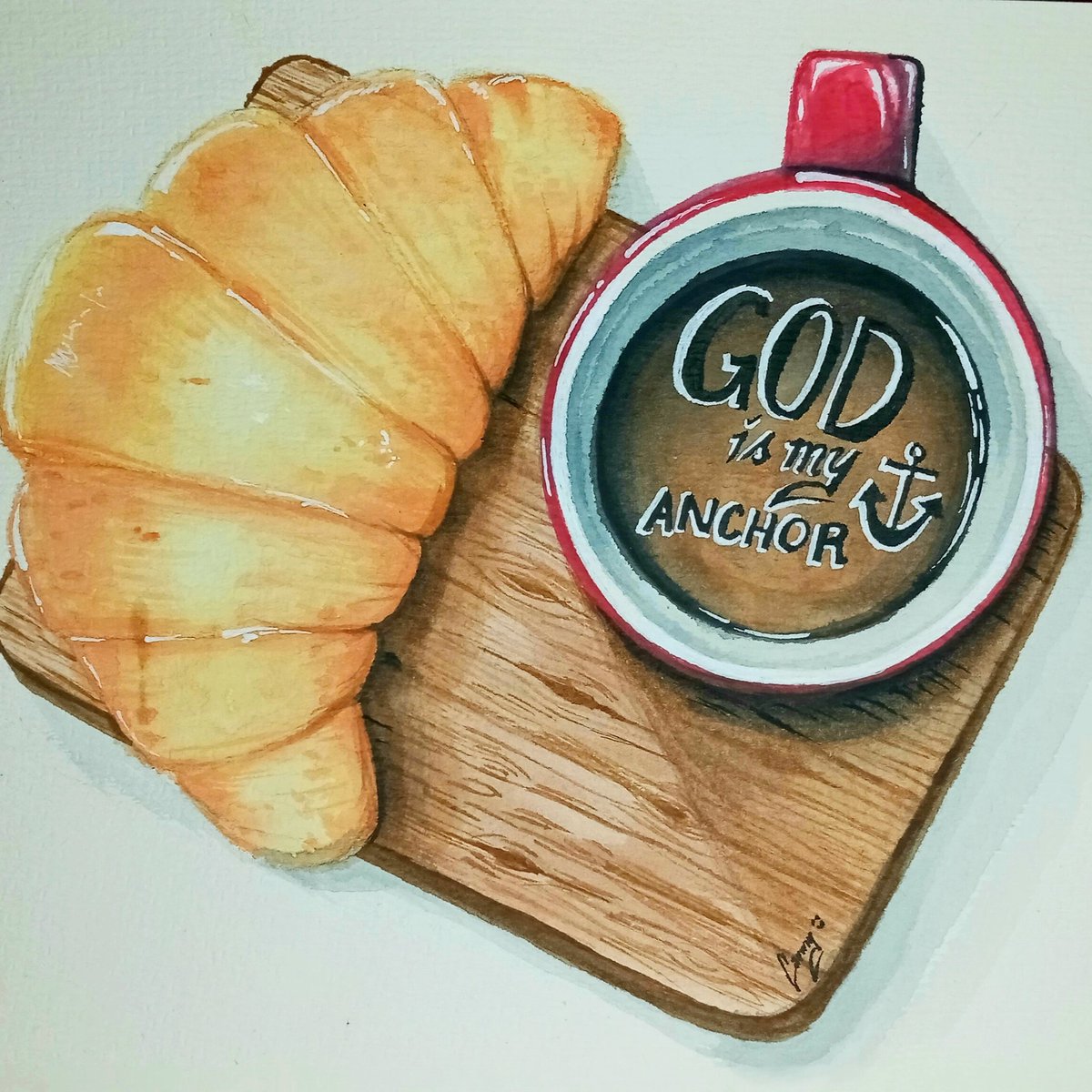 'We have this hope as an anchor for the soul, firm and secure...'
~ Hebrews 6:19

#anchored #graceofGod #facingthestorm #Godisgood #Godisourstrength #Godisourhope #JesusisLord #coffee #coffeecup #coffeepainting #coffeeart #coffeewatercolor #croissant #watercolor #art #painting