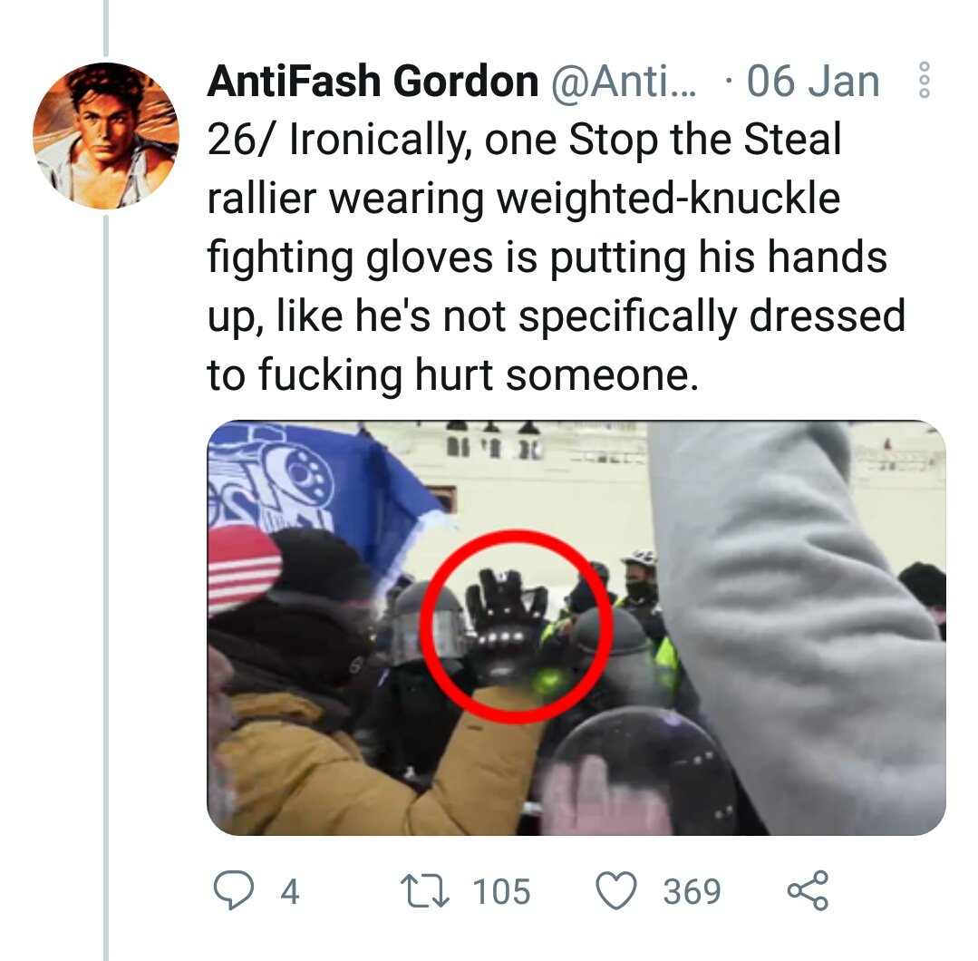 39. 1/6 Not displaying anyones face, he states that one RALLIER is wearing weighted knuckle fighting gloves. How would he KNOW that??? Take a look at his page next to it.