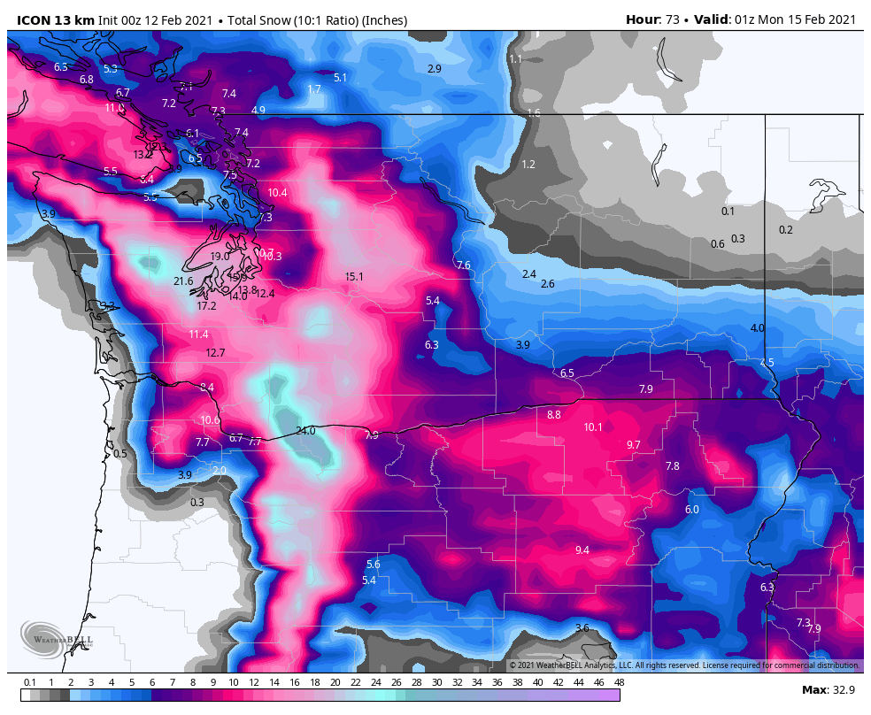 wx_washington's tweet photo. This is ICON thru Sunday 10:1 ration. Not unlike the NAM.  A tad less snow near the Cascades, but not a total dryout for sure. I have less I can look at with this model to judge what it is doing. #wawx #orwx #bcstorm https://t.co/bMTx75aRtU