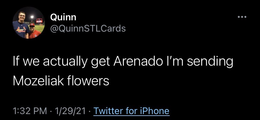 zachsilver's tweet photo. A Cardinals fan (@QuinnSTLCards) pledged to buy John Mozeliak flowers if the Arenado trade was completed.

The trade went through, as did the promise: https://t.co/stcpwjI7y1