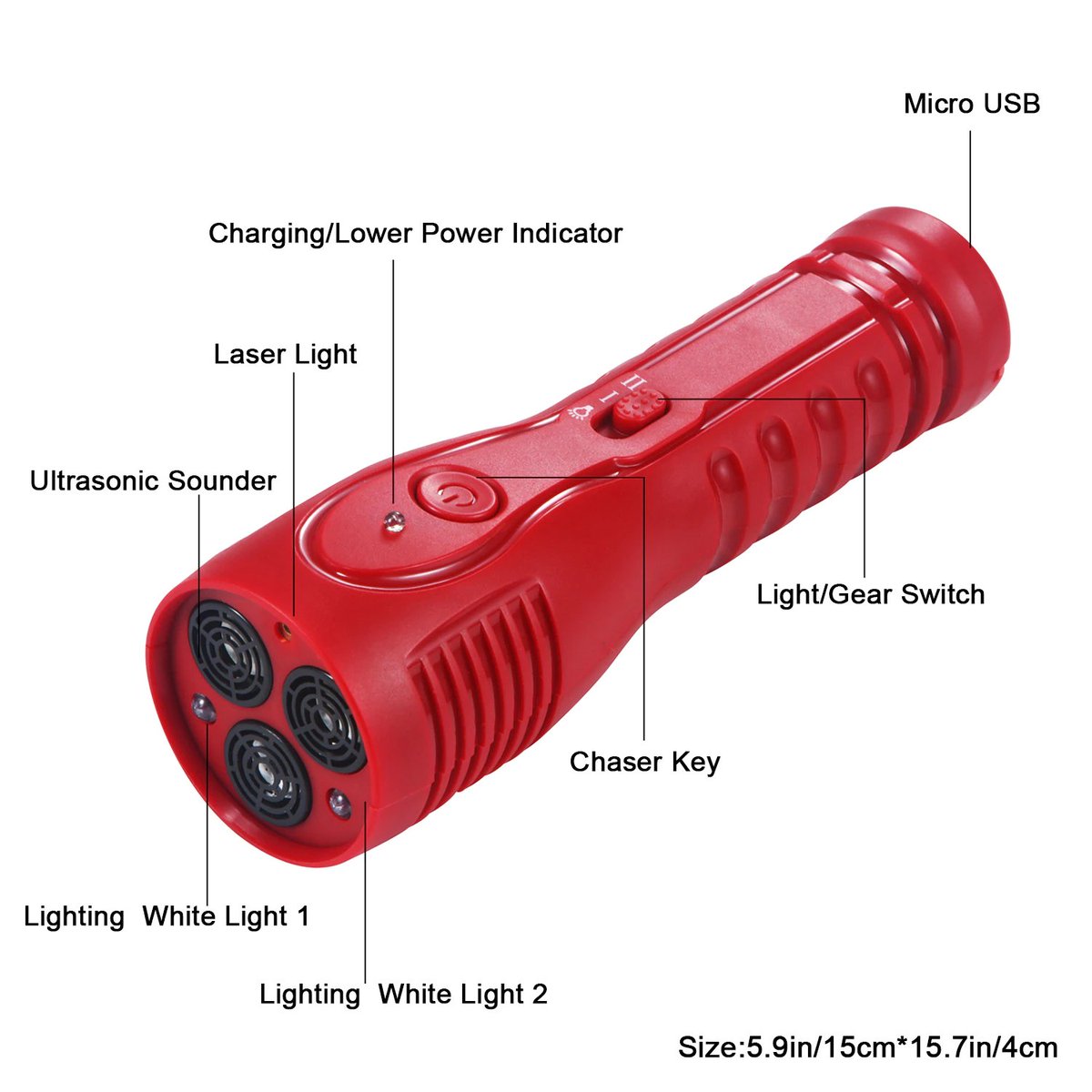 this one is a laser+flashlight+ultrasonic thing but it's also got a "chaser key", which I imagine you activate if you're trans and there's some person fetishing you and you need to get rid of them