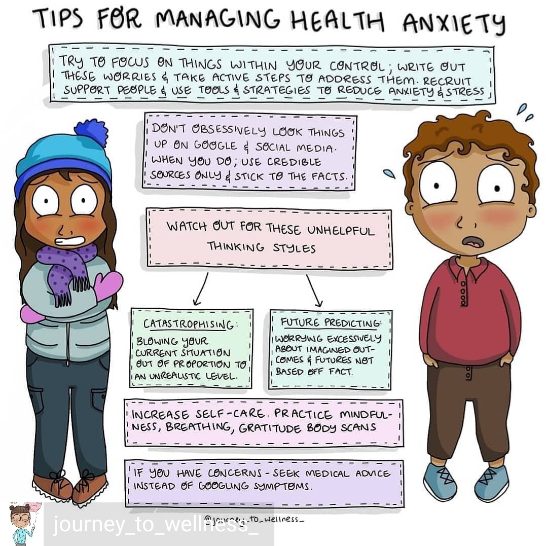 Take care everyone.Reposted from @journey_to_wellness_ Tips for managing health anxiety 

#healthanxiety #anxiety #anxious #anxietytools #anxietysupport #anxietyhelp #journeytowellness #therapyresources #counsellingresources #counselingresources #selfhelptools #healthresources