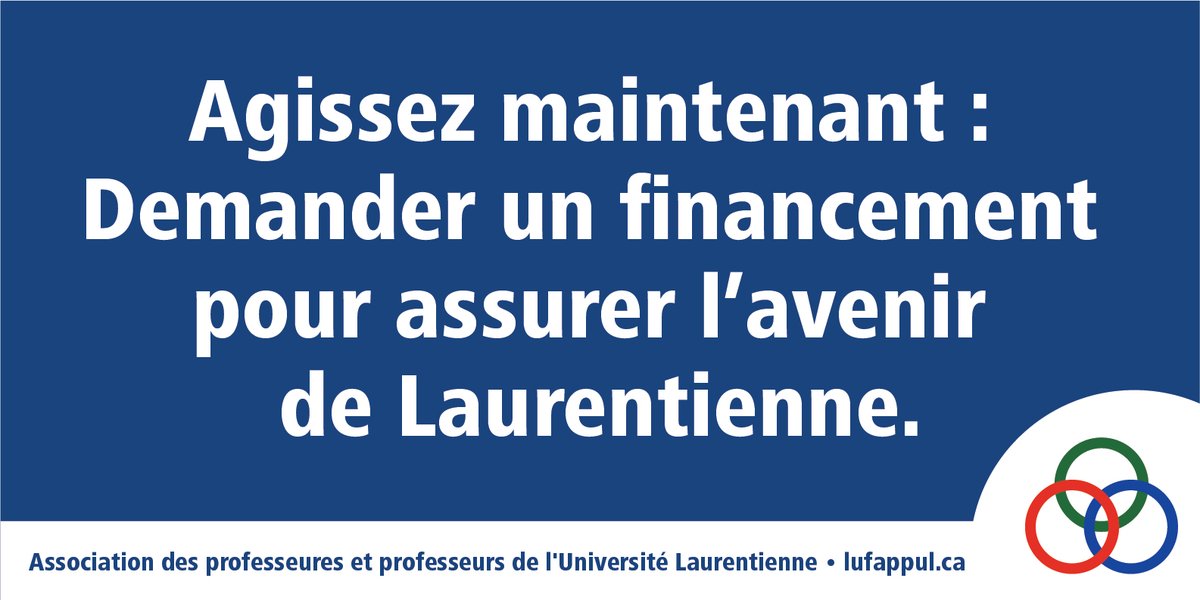 Agissez maintenant: Demandez un financement immédiat pour l'Université Laurentienne et qu'on mette fin aux démarches d'insolvabilité! Cliquez ici pour envoyer une lettre: lufappul.ca/wp/?page_id=49… #OnPoli #OnPSE #OnLab #SaveLaurentian