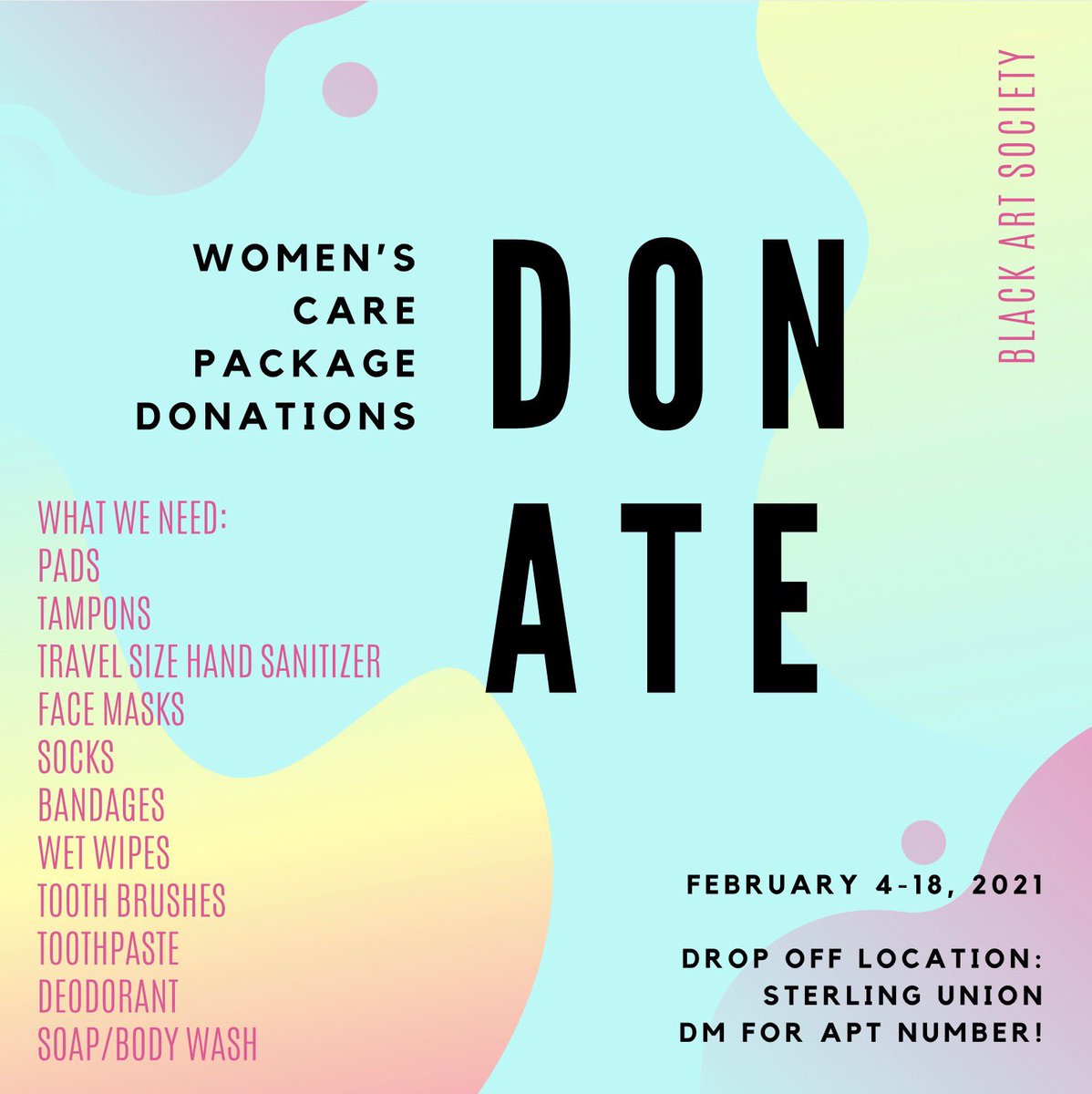 Starting today we will be accepting items for our hygiene care packages! Dm us for more information!@BlackArt_SHSU #shsu