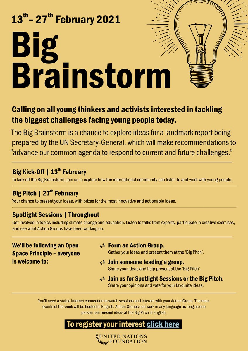 UN Initiative at New York University (@unatnyu) on Twitter photo The <a href="/unfoundation/">United Nations Foundation</a> is organizing a Big Brainstorming from 13 to 27 February and is calling on all young thinkers and activists interested in tackling the biggest challenges facing young people today to participate. See details here: lnkd.in/dJ67SRN. The <a href="/unfoundation/">United Nations Foundation</a> is organizing a Big Brainstorming from 13 to 27 February and is calling on all young thinkers and activists interested in tackling the biggest challenges facing young people today to participate. See details here: lnkd.in/dJ67SRN.